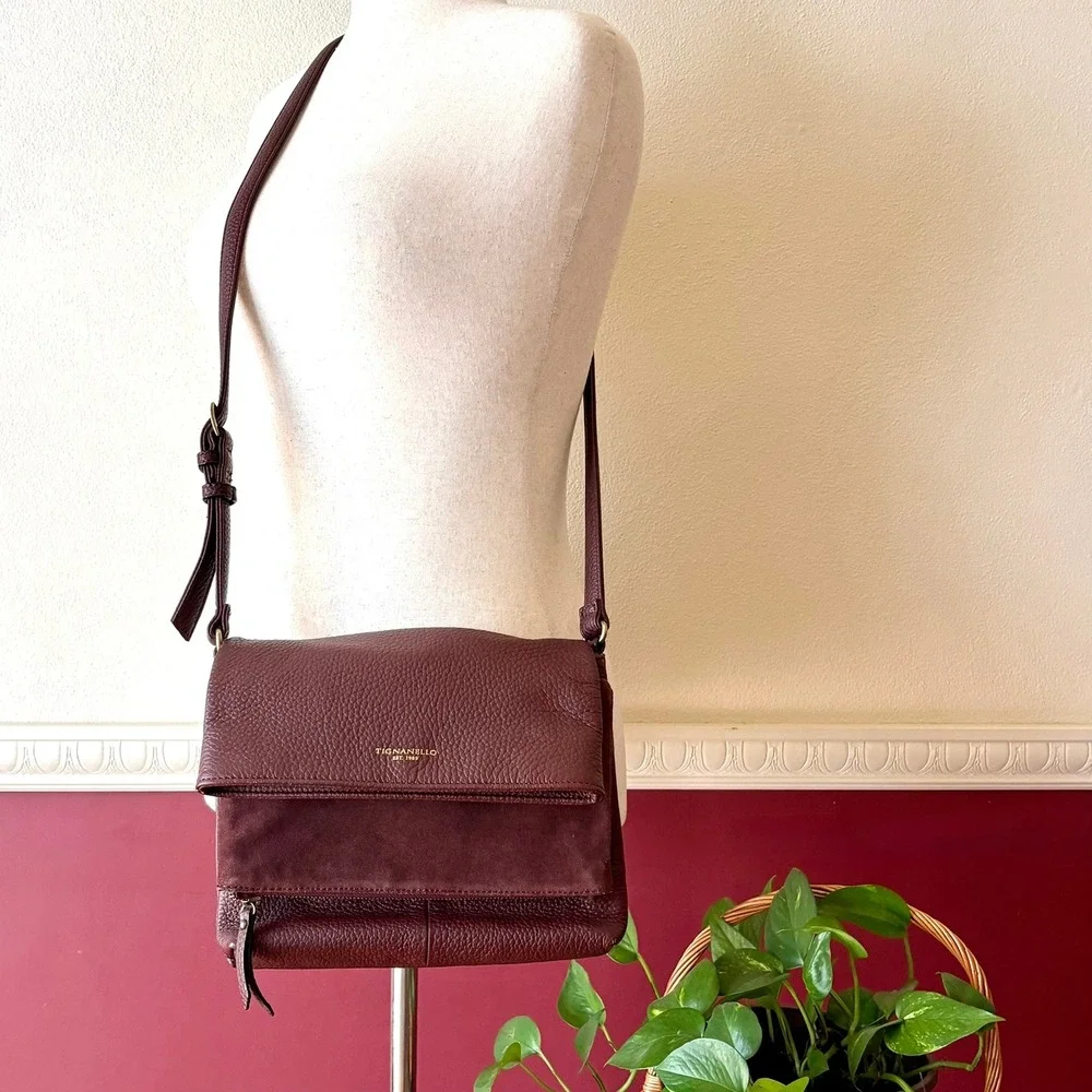 Tignanello Burgundy Pebbled Leather Suede Double Foldover Crossbody Shoulder Bag - Picture 2 of 16